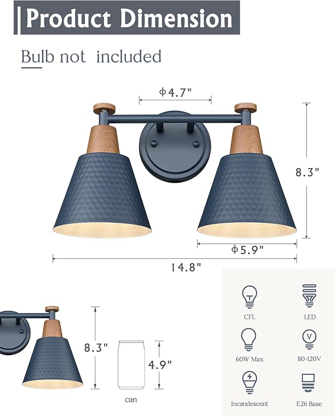 FEMILA 2 Light Bathroom Vanity Light, 15" Modern Bathroom Lighting Fixtures Over Mirror, with Woodgrain Finsih, 4FG59B-2W Blue-NW
