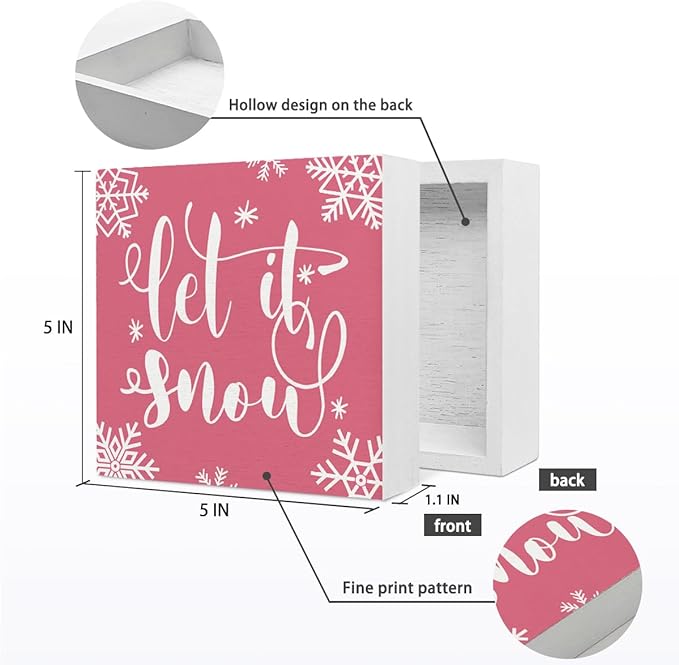 EIONEY Pink Christmas Decorations,Let it Sonw Wooden Box Sign,Pink Winter Christmas Desk Accessories Decor,Seasonal Winter Holiday for Home Bedroom Living Room Office,5x5 Inch