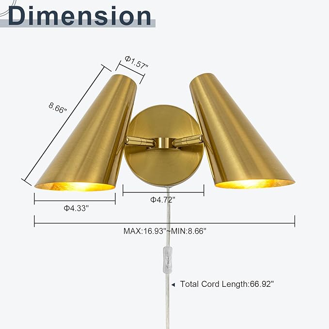 Gold 2-Light Plug in Wall Sconce, Modern Vanity Light Wall Lamp with Rotatable Lampshade Picture Light for Bedroom Living Room Bathroom Foyer