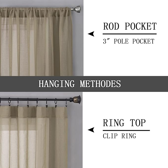 Tollpiz Short Sheer Curtains Linen Textured Living Room Curtain Sheers Light Filtering Rod Pocket Voile Curtains for Bedroom, 42 x 45 inches Long, Taos Taupe, Set of 2 Panels