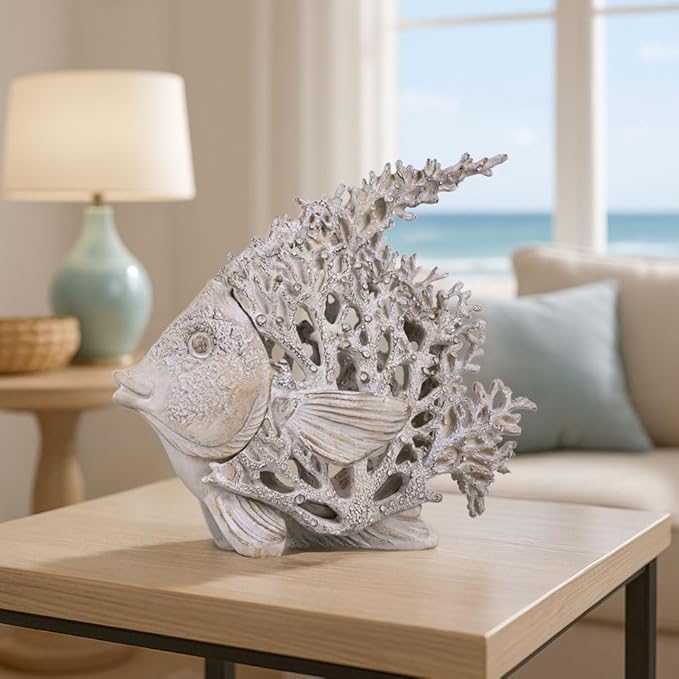 Beach Coastal Decor Coral Reef Angelfish Figurines, Modern Nautical Decor Ocean Centerpieces for Living Room, Bathroom, Office, Coffee Table, Beach House, Seaside, Entrance, Shelf Decorative