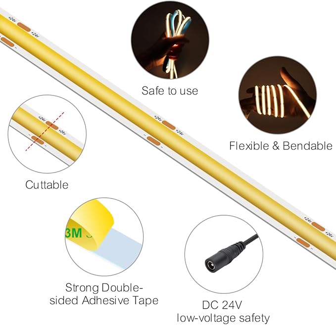 32.8FT COB LED Strip Light 24V 2700K RA90+ Flexible High Bright Dimmable LED Tape, 8mm Width Strip Light with 3840 LEDs for Home Indoor Lighting Decor (Without Power Supply or Adapter)