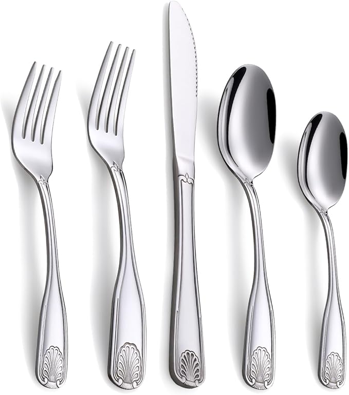 20-Piece Flatware Set, Stainless Steel Silverware Set for 4, Cutlery Set with Shell Pattern, Fork Spoon Knife Set, Dishwasher Safe