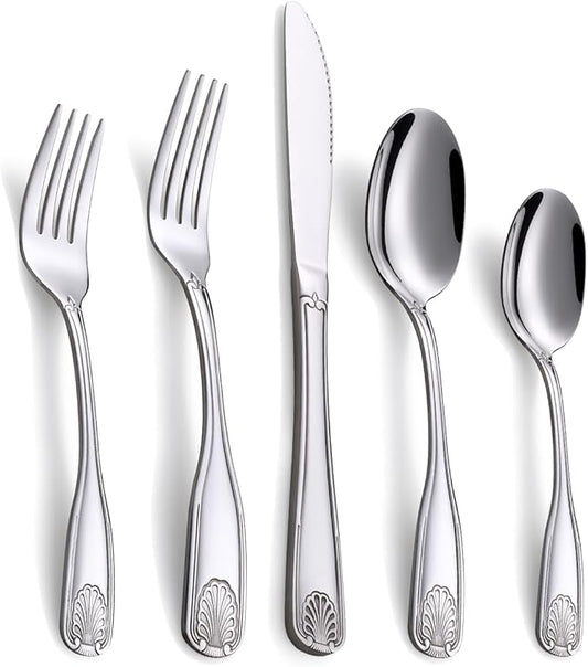 20-Piece Flatware Set, Stainless Steel Silverware Set for 4, Cutlery Set with Shell Pattern, Fork Spoon Knife Set, Dishwasher Safe