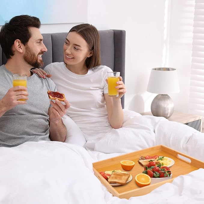 3 Pack Large Bamboo Serving Tray with Handles - 16 x 11.6 Inch Wooden Dinner Tray, Home Kitchen Decorative Tray, Breakfast Trays for Eating on Couch, Lap Trays, Coffee, Kitchen, Picnic