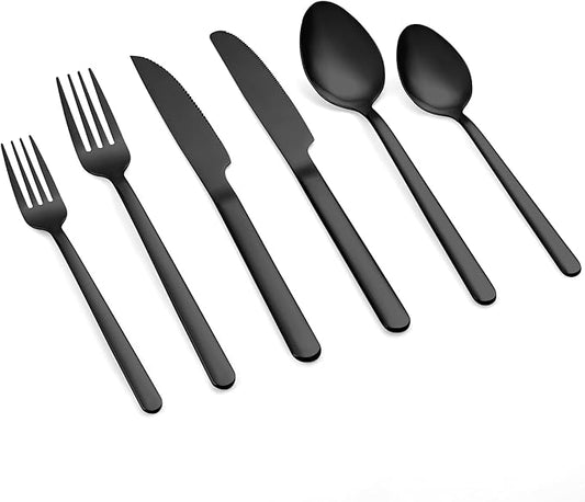 24 Pcs Black Silverware Set with Steak Knives, Food-Grade Stainless Steel Flatware Cutlery Set for 4, Mirror Polished Tableware Eating Utensils Set for Kitchen, Knife Fork Spoon Set, Dishwasher Safe