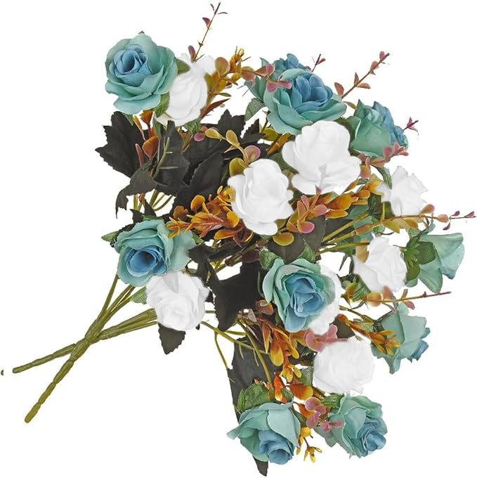 4 Bunches of Artificial Roses. 48 Small Roses. Plastic Silk Flower .Suitable for Plant Decoration of Family Hotel Wedding Christmas.(Peacock Blue)