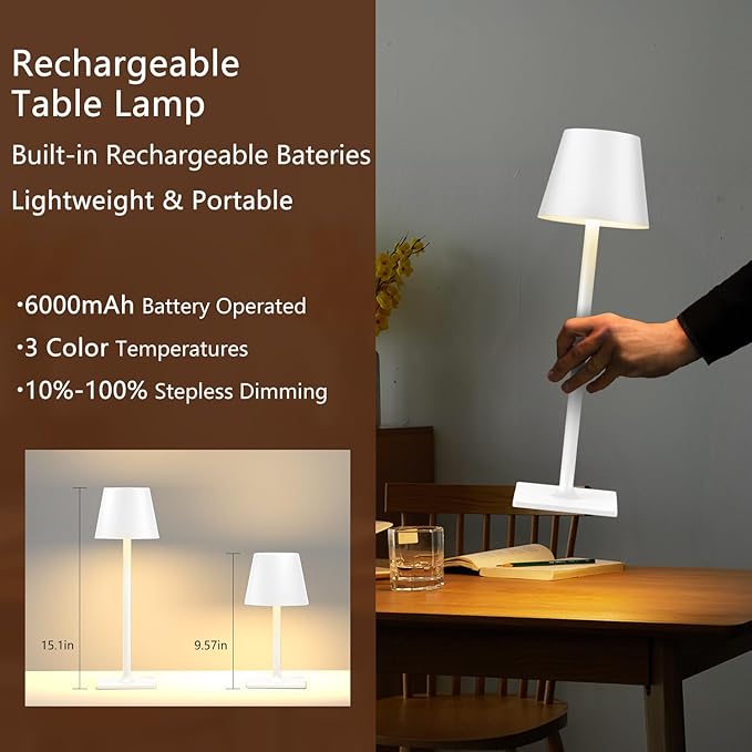 Cordless Table Lamp Rechargeable Lamps: 6000mAh Battery Operated Table Lamp Outdoor Waterproof, Touch Control, Portable Wireless Desk Lamp for Dinner/Bedroom/Restaurant (White2 Pack