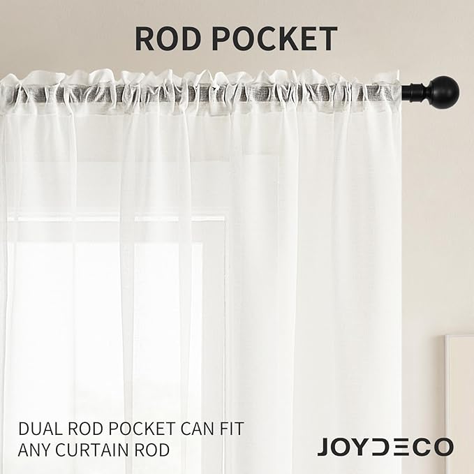 Joydeco White Sheer Curtains 72 Inch Length 2 Panels Set, Rod Pocket Long Sheer Curtains for Window Bedroom Living Room, Lightweight Semi Drape Panels for Yard Patio (54x72 inch, Off White)