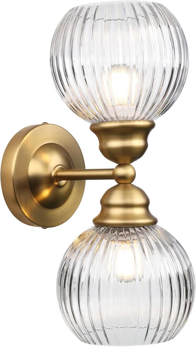 Pathson 2 Heads Wall Sconce Striped Glass Shade, 2-Light Modern Bathroom Sconces Wall Vanity Light Fixtures Brass Finish, Vintage Wall Sconce Lamp for Mirror Living Room Bedroom Farmhouse Lighting