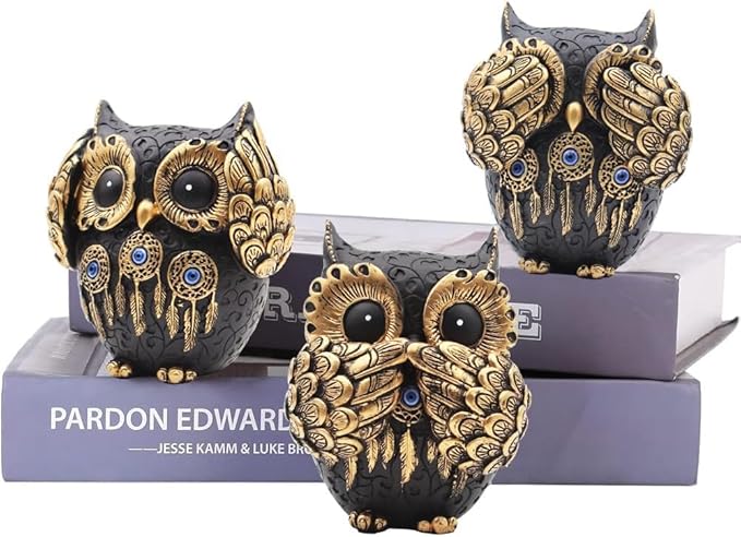 3 Owl Figurines Decor, Owl Statue Figurine, See No Hear No Speak No Evil Ornaments, Crafted Animal Sculpture, Cute Owls Decoration for Living Room, Office, Bookshelf, Bedroom - Black