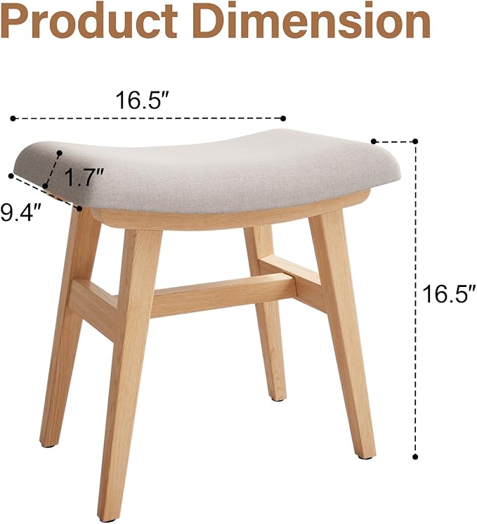 Solid Wood Small Vanity Stool, Compact Makeup Chair with Saddle Cushion, Linen-Covered High Rebound Sponge Seat, Easy Assembly Footstool for Bedroom, Entryway, Home, Natural