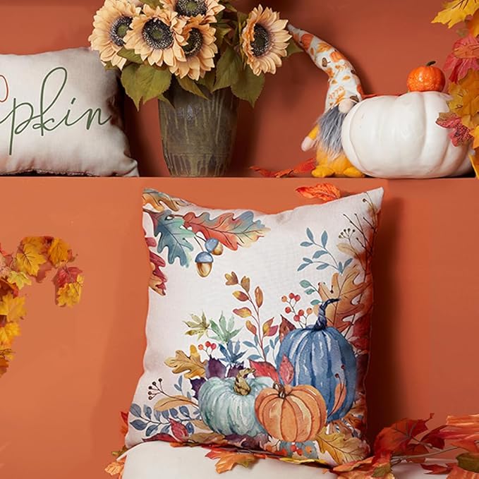 DFXSZ Fall Pillow Covers 20x20 inch Set of 2 Blue and Green Watercolor Pumpkin Fallen Leaves Decorative Throw Pillow Covers Autumn Thanksgiving Farmhouse Decoration for Home Couch TH27-E20