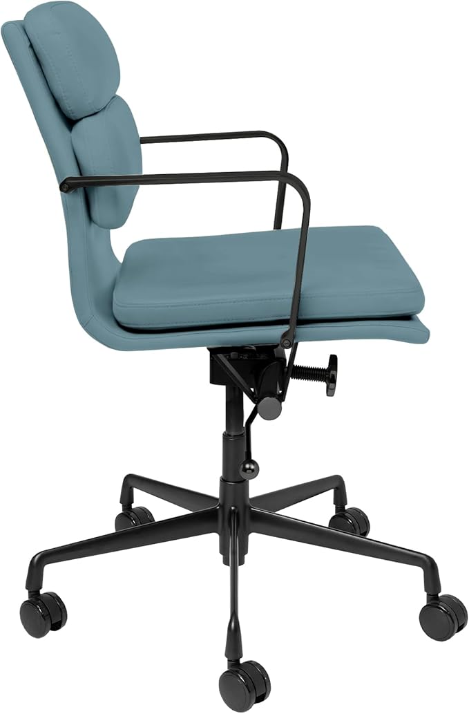 Laura Davidson Furniture SOHO II Padded Management Office Chair - Mid Back Desk Chair with Arm Rest, Swivel & Cushion Availability, Made of Faux Leather, Coastal Blue with Black Frame, Computer Chair