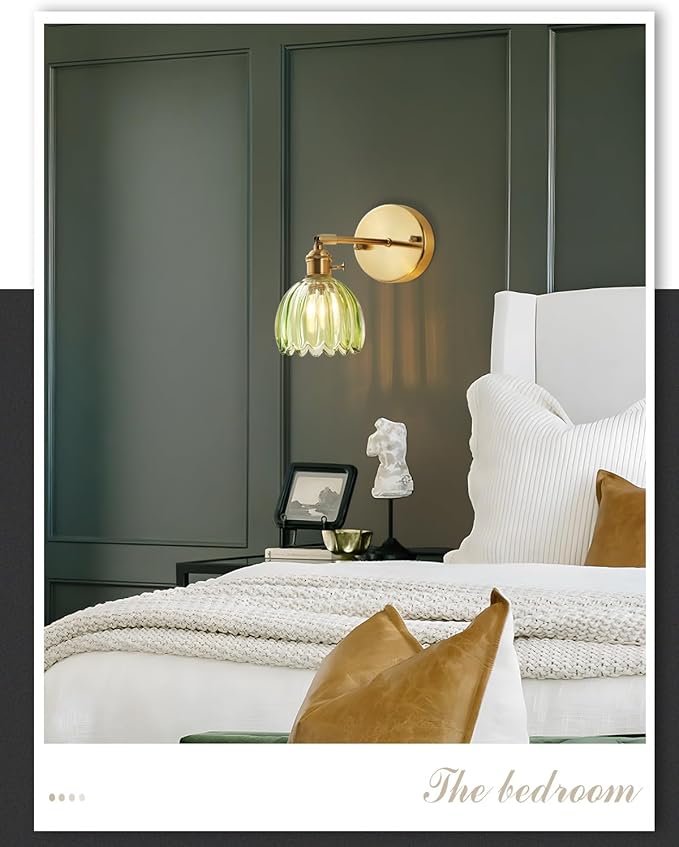 Plug in and Hardwired Wall Sconces, Luxury Vintage Tulip Crystal Glass Shade Wall Light with Switch for Bedside Bedroom Living Room (Tulip-Green, 1)