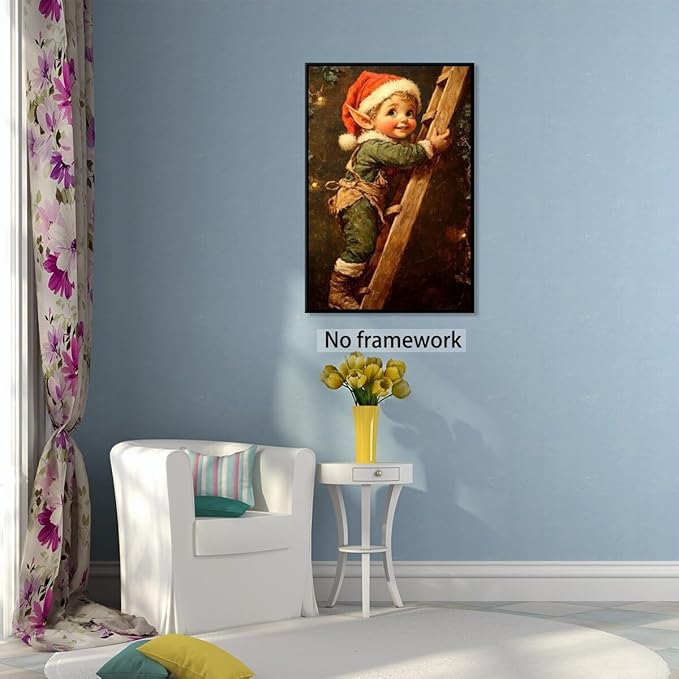 Medpol Vintage christmas wall art christmas elf painting winter cottagecore canvas poster for farmhouse home decor apartment dormitory Unframed12x18inch