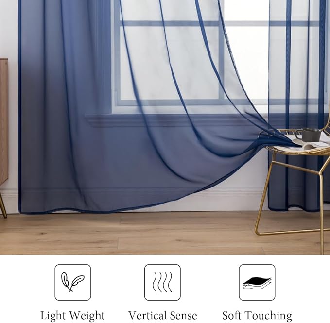 MIULEE 2 Panels Solid Color Sheer Window Curtains Elegant Window Voile Panels/Drapes/Treatment for Bedroom Living Room (54 X 84 Inches Dark Blue)