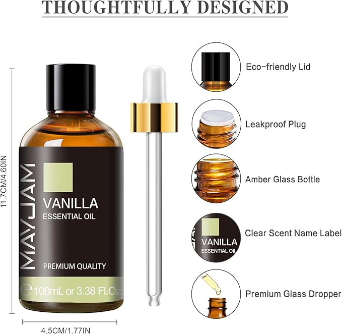 MAYJAM Vanilla Essential Oil 100ML, Pure Essential Oils for Massage, Diffusers, Vanilla Oil Fragrance Oil for Soap Candle Making (3.38FL.OZ Bottle)