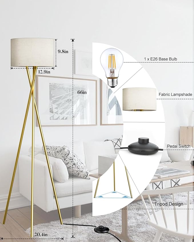 66IN Tripod Floor Lamp, Gold Standing Lamps with E26 Bulb Included, Mid Century Modern Tall Lamps for Living Room Bedroom Home Decor