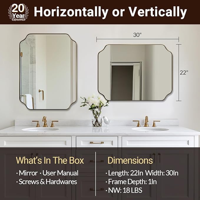 ANDY STAR Brushed Gold Mirror, 22"x30" Bathroom Vanity Mirror, Rounded Rectangle Bathroom Mirror with Rust-Proof Stainless Steel 1" Frame, Wall Mounts Horizontally or Vertically