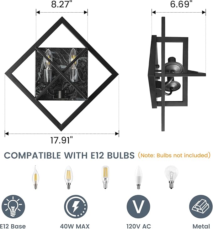 Black Wall Sconces,17.8in Rustic Wall Sconces Mount Lamp Indoor for Living Room Bedroom Bathroom Stairway(E12 Base, Bulbs Not Include 1Pack) Gray Marble Texture