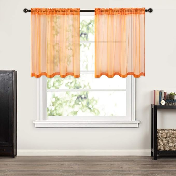 MIULEE 2 Panels Fall Kitchen Tiers Half Window Sheer Curtains-Rod Pocket Voile Drapes for Kitchen Bathroom-Small Windows 29 by 24 Inch Orange