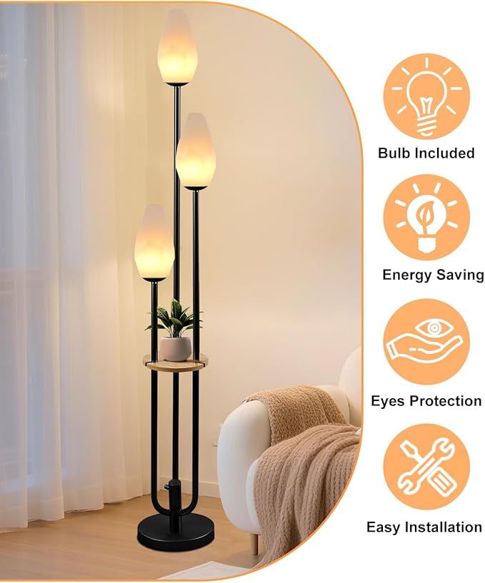 Lightdot Black Floor Lamp with Tray, 3-Lights Dimmable Floor Lamps with Rock-Shaped Shade, Unique Candle Holder Style Modern Tall Lamp for Living Room/Party(Bulbs Included)