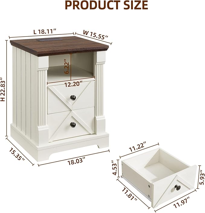 Farmhouse Night Stand with Charging Station, 18" Modern Wood Side Table, 2 Drawers End Table & Roman Column Design for Living Room, Bedside Table with Open Shelf for Bed Room, Antique White