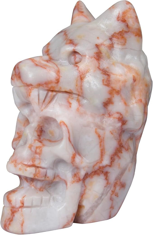 2.17 Inch Crystal Skull with Wolf Head Figurine Decor, Red Network Jasper Skull with Wolf Head Statue Decor for Home Office Desk, Hand Carved Healing Crystal Animal Statues Gifts for Women Men