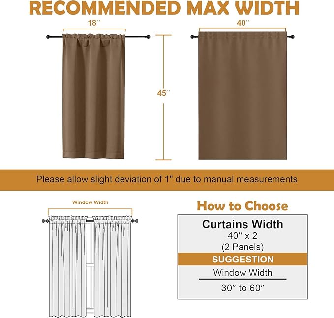 Aiyufeng Brown Short Blackout Curtains for Bedroom 45 Inches Long 2 Panels Set, Solid Thermal Insulated, Energy Saving Window Treatment Curtains Blackout Drapes, W40 x L45 Inch, Brown