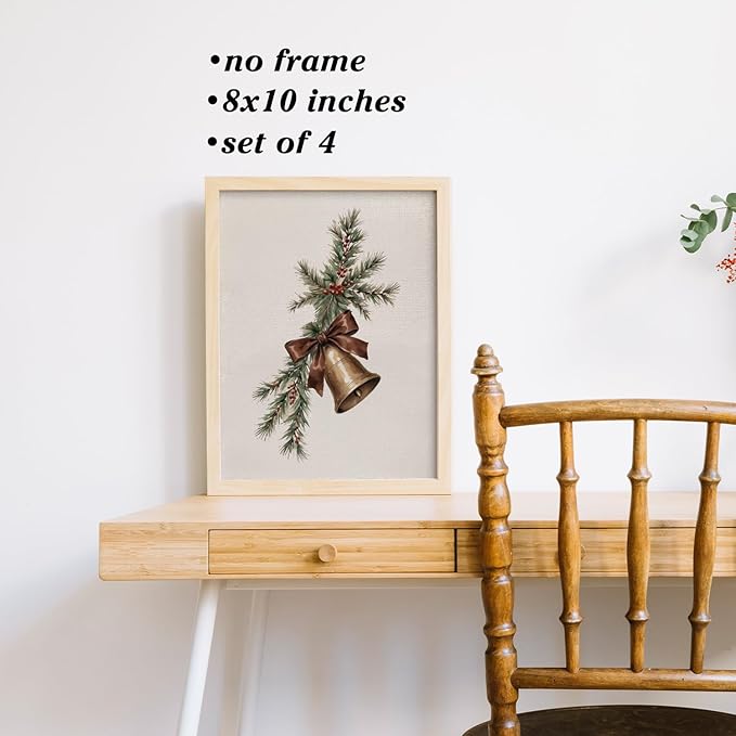 Boat Wades Vintage Christmas Wall Art Prints Set of 4, Rustic Xmas Tree Holly Branches Wreath Posters Pictures Wall Decor for Bedroom Living Room Office, Christmas Home Decor, 8x10 Unframed