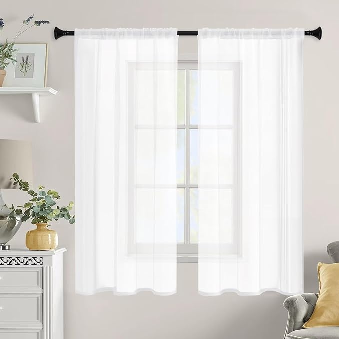 White Sheer Curtains 72 Inches Long 2 Panels, Rod Pocket Short Curtain for Kitchen, Bedroom, Cafe Window(White 38" W x 72" L)