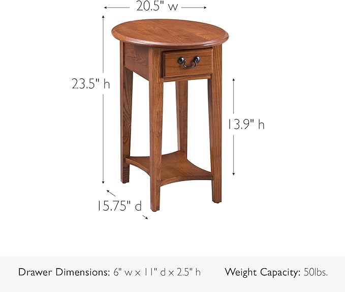 Haven Ridge Solid Wood Oval Side Table with Drawer and Shelf, Medium Oak Brown, Perfect for Living Rooms, Bedrooms, and Small Spaces – Leick Home, 9042-MED