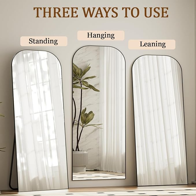 Koonmi Mirror, 71x26 inch Full Length with Stand, Black, Rounded Top, Floor Mount, Aluminum Frame, for Bedroom, Living Room