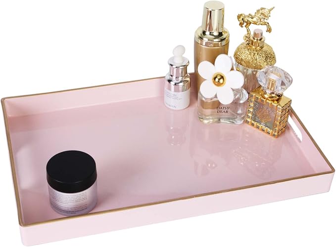 Zosenley Decorative Tray, Rectangular Plastic Tray with Handles, Modern Vanity Tray and Serving Tray for Bathroom, Kitchen, Ottoman and Coffee Table, 15.6” x 10.2” (Pink)