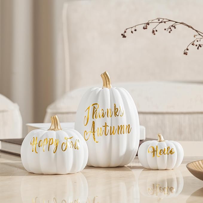 DN DECONATION 3Pcs Fall Pumpkin Decorations for Home, Faux White and Gold Words Pumpkin, Decorative Resin Pumpkins Figurines for Minimalist Modern Farmhouse Autumn Thanksgiving Fall Table Mantel Decor