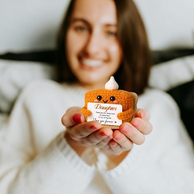 Thank You Gifts for Daughter from Mom Dad, Mini Crochet Pumpkin Pie Plush Birthday Gifts for Daughter Adult, Halloween Thanksgiving Christmas Stockings Stuffer Emotional Small Cute Decor