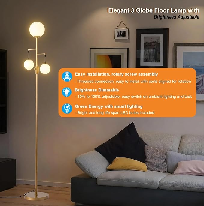 Fiqevs Dimmable Globe Floor Lamp for Living Room, Gold Tree Floor Lamp with Frosted Glass Globe Shade, 3 Light Standing Lamp LED Bulbs Included, Elegant Tall Lamp for Bedroom, Office