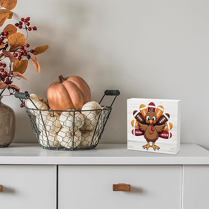 Fall Thanksgiving Football Turkey Sign Autumn Office Bedroom Dining Room Decor Wooden Box Block Plaque Wood Products Sign for Desk Table Tabletop Decor 5 x 5 inches Tub1604