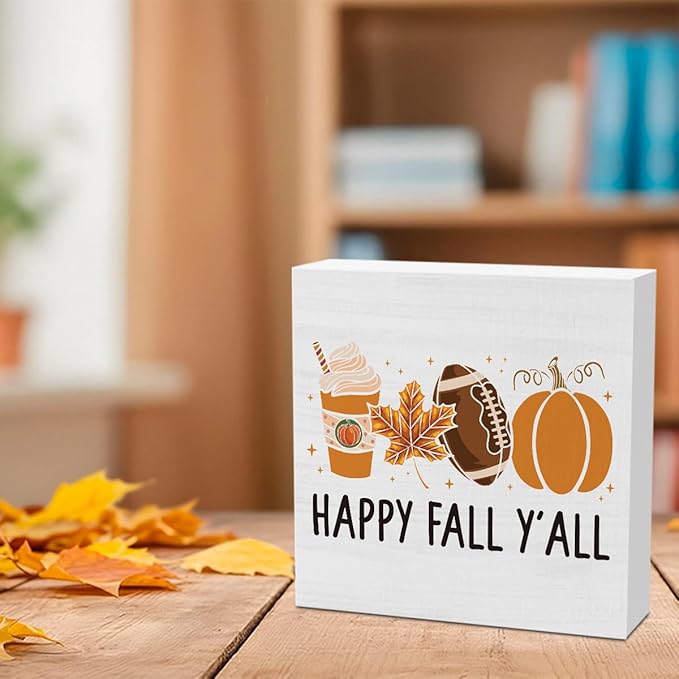Autumn Decorations Happy Fall Y'all Thanksgiving Gift Pumpkin Football Coffee Wood Square Sign Desk Block Signs Home Shelf Office Decoration 5 x 5 Inches Tub1904