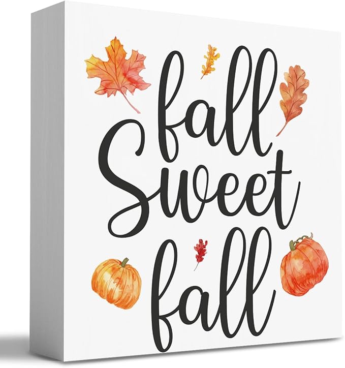 HTBIG Fall Wooden Box Sign Desk Decor, 5.1 X 5.1 Inch Pumpkin Autumn Wood Sign for Tiered Tray Decor for Home Living Room Harvest Day Thanksgiving Tabletop Decoration-Sweet Fall