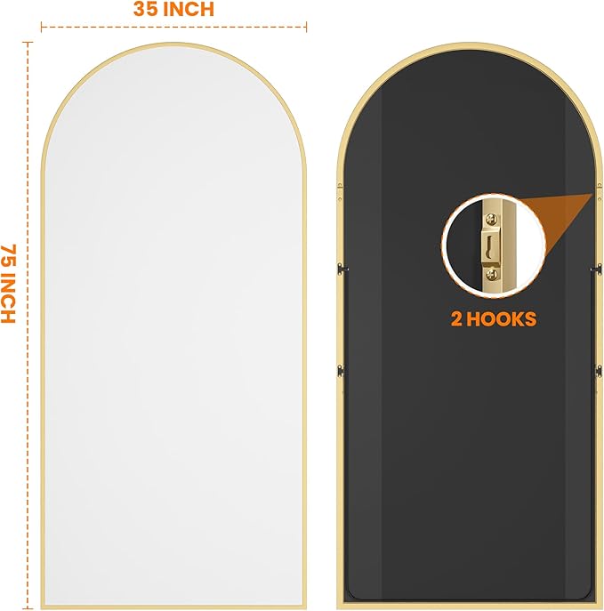 Full Length Arched Mirror, 75"x35" Standing Floor Full Body Mirror for Wall with Aluminum Alloy Frame for Bedroom, Living Room, Dressing Room(Gold)