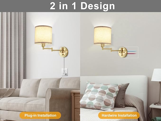 Plug in Wall Sconces with Remote Control, Dimming & Adjustable Colors 2700K-6500K, Hardwire or Plug-in, Swing Arm Wall Lamp with Linen Fabric Shade, Wall Sconces Set of Two, Gold Finish