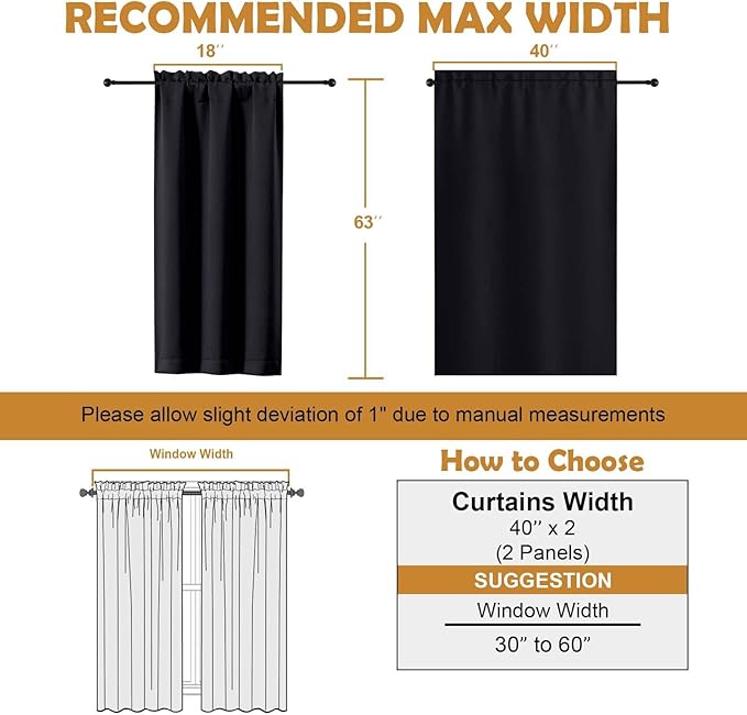Aiyufeng Halloween Black Blackout Curtains for Bedroom 63 Inch Length 2 Panels, Solid Thermal Insulated Energy Saving Rod Pocket Window Treatment Curtains Blackout Drapes, W40 x L63 Inch, Black