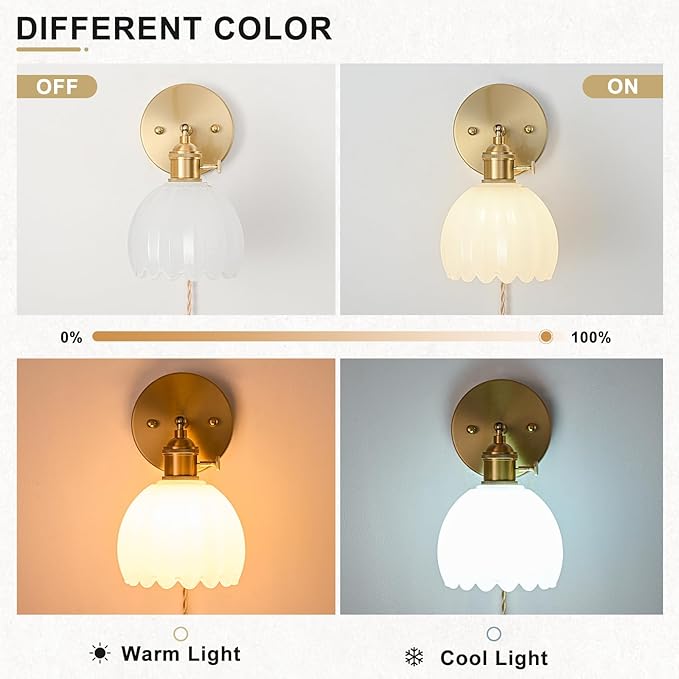 Plug in Wall Sconces Set of 2, Vintage Wall Sconce Light with Tulip Milk White Glass Lampshade, 180° Adjustable Wall Sconce with Switch and Plug in Wall lamp Cord, Gold Wall Light Wall Decor Set of 2