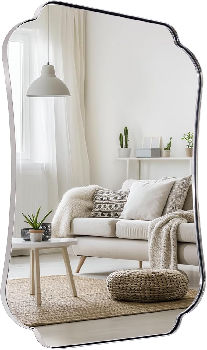 ANDY STAR 24"x32" Brushed Nickel Mirror, Scalloped Bathroom Wall Mirror with Metal Frame for Vanity, Vintage Design Ideal for Entryway, Living Room & Bedroom Decor