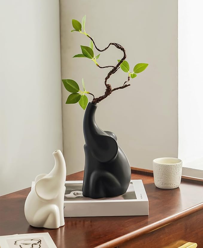 Loving Pair of Elephants,with Flower,Modern Ceramic Decor Statue,Good Luck Elephant,for Bookshelf Living Room Office Table Shelf Decorations.Gifts for Lover, Wife, Mother.