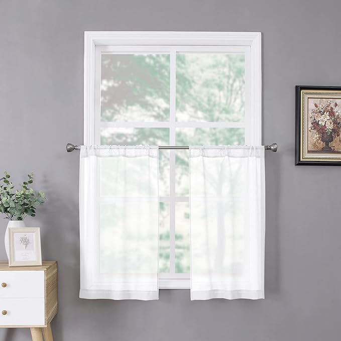 Tollpiz Sheer Tier Curtain Linen Textured Half Kitchen Curtains Sheer Light Filtering Rod Pocket Voile Small Curtains for Bathroom, 25 x 36 inches Long, White, Set of 2 Panels