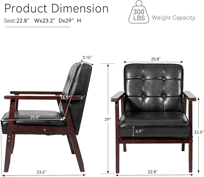 Okeysen Accent Chairs Set of 2, Mid Century Modern Accent Chair, Retro Wood and Leather Armchairs Side Chair, Lounge Reading Comfy Arm Chair for Living Room, Bedroom, Office