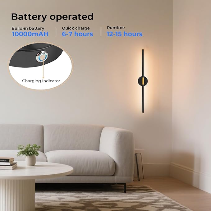 Battery Operated Wall Sconces Set of 2, Detachable Wireless Wall Lamps 360°Rotate, 10000mAh Rechargeable Wall Lights for Bedroom, Living Room,3000-6500K Dimmable, 28 Inch Black and Gold